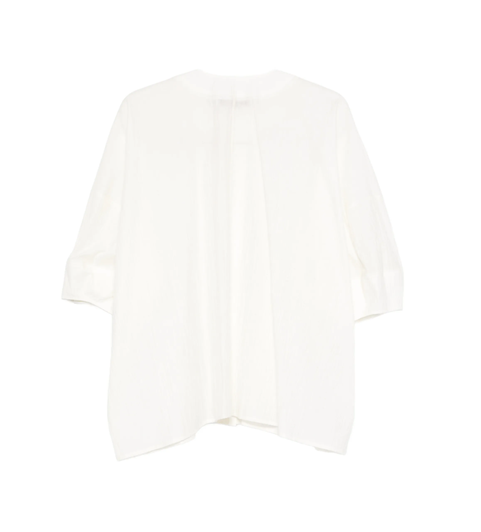 Natural white short-sleeved button-up shirt by Tela, made in Italy with mandarin collar for modern, versatile styling.