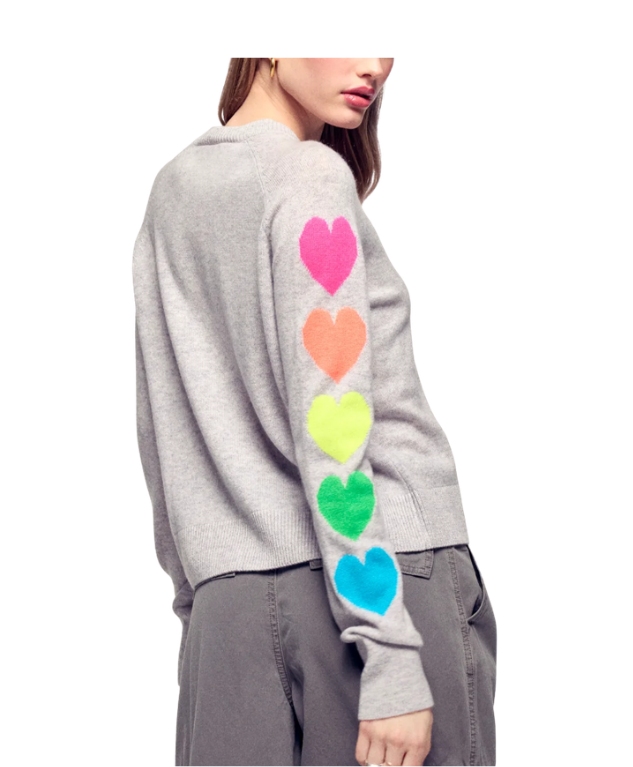 From Future cashmere sweater in light heather grey with colourful heart motifs and oversized fit.