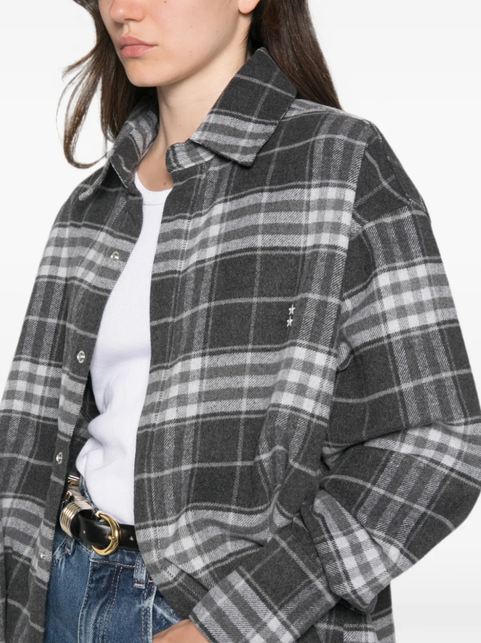 Icon Denim Jazzy check-pattern overshirt with raw-cut finish in black and grey.
