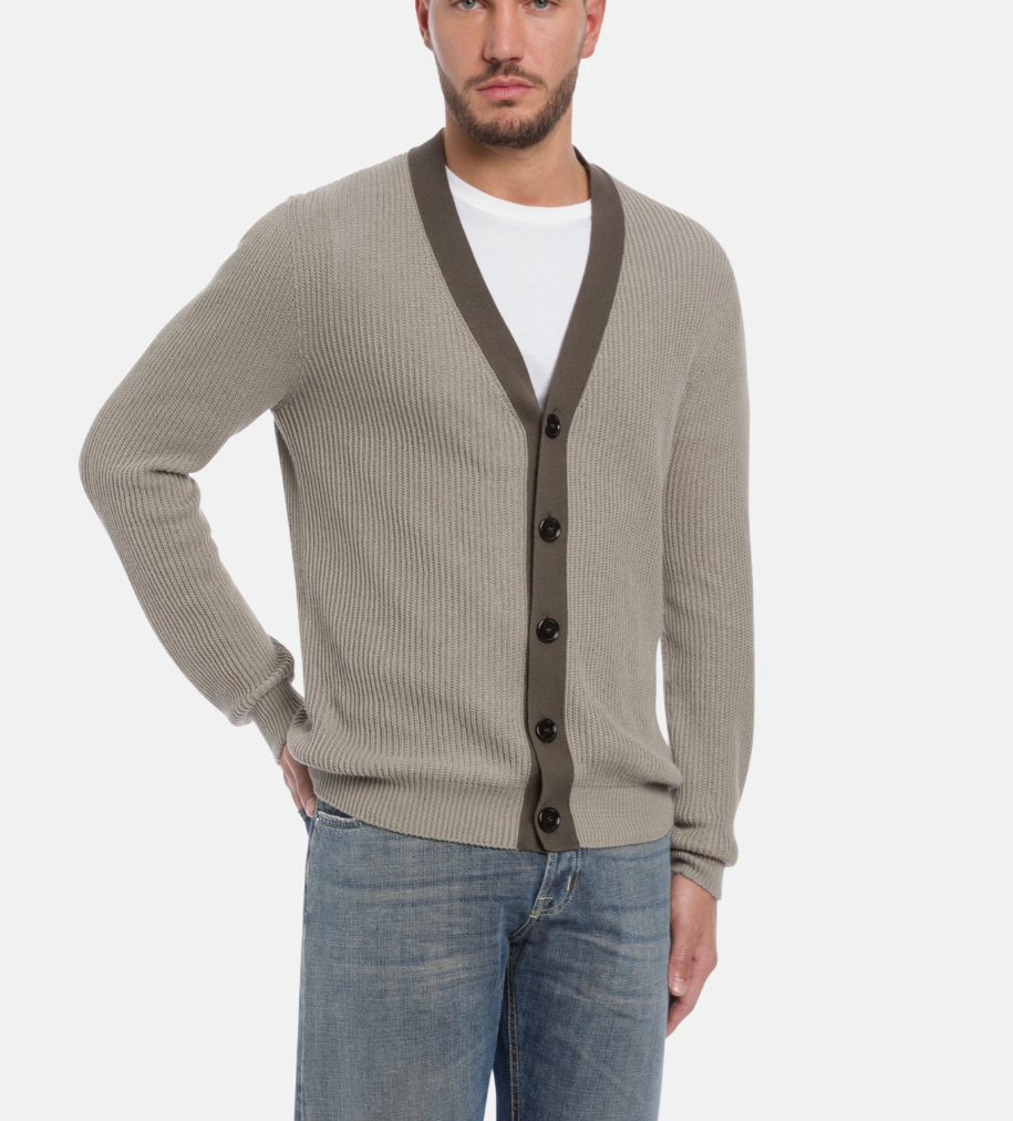 Dondup grey ribbed knit cardigan with V-neck, button fastening, and striped texture.