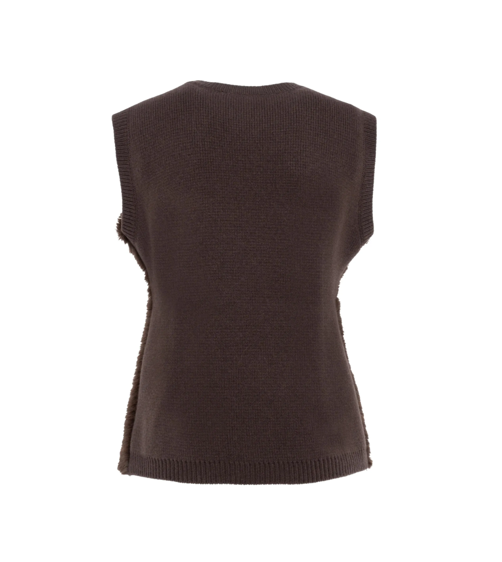 TELA Faux Fur Knit Vest in Brown, featuring a textured knitted design, plush faux fur panels, round neckline and ribbed trims.