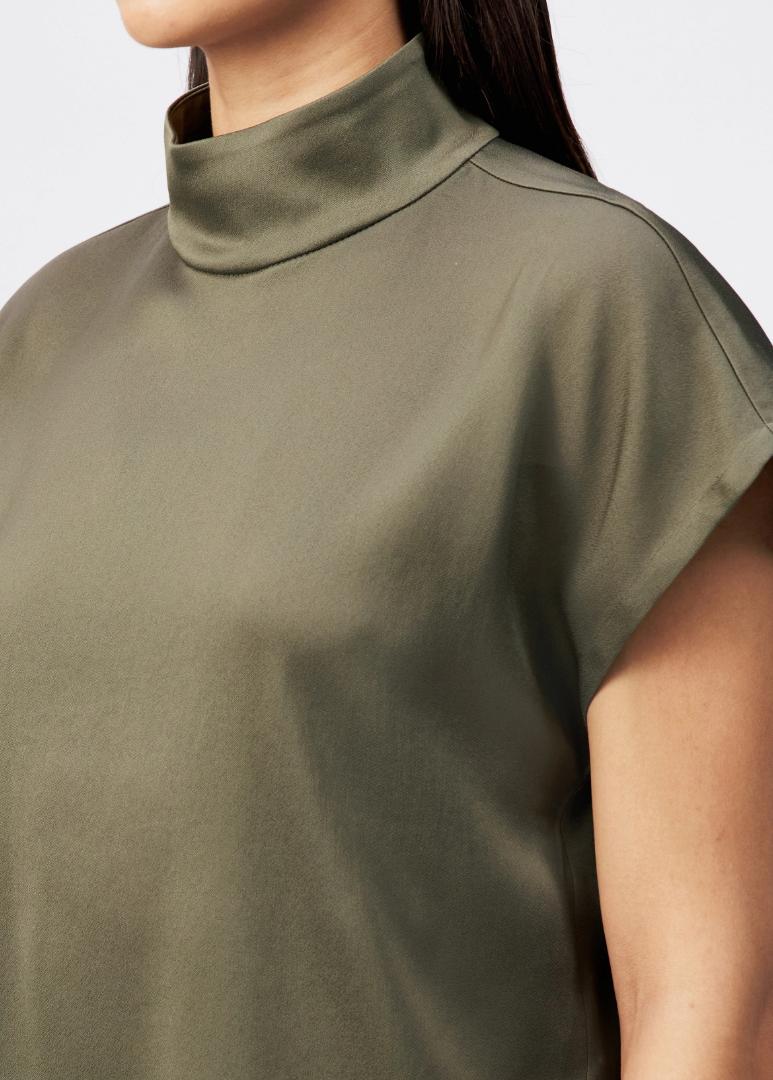 Dusty olive ALARIA_1 blouse by Drykorn in relaxed fit with stand collar, short sleeves, and eco-friendly satin for elegant everyday style.