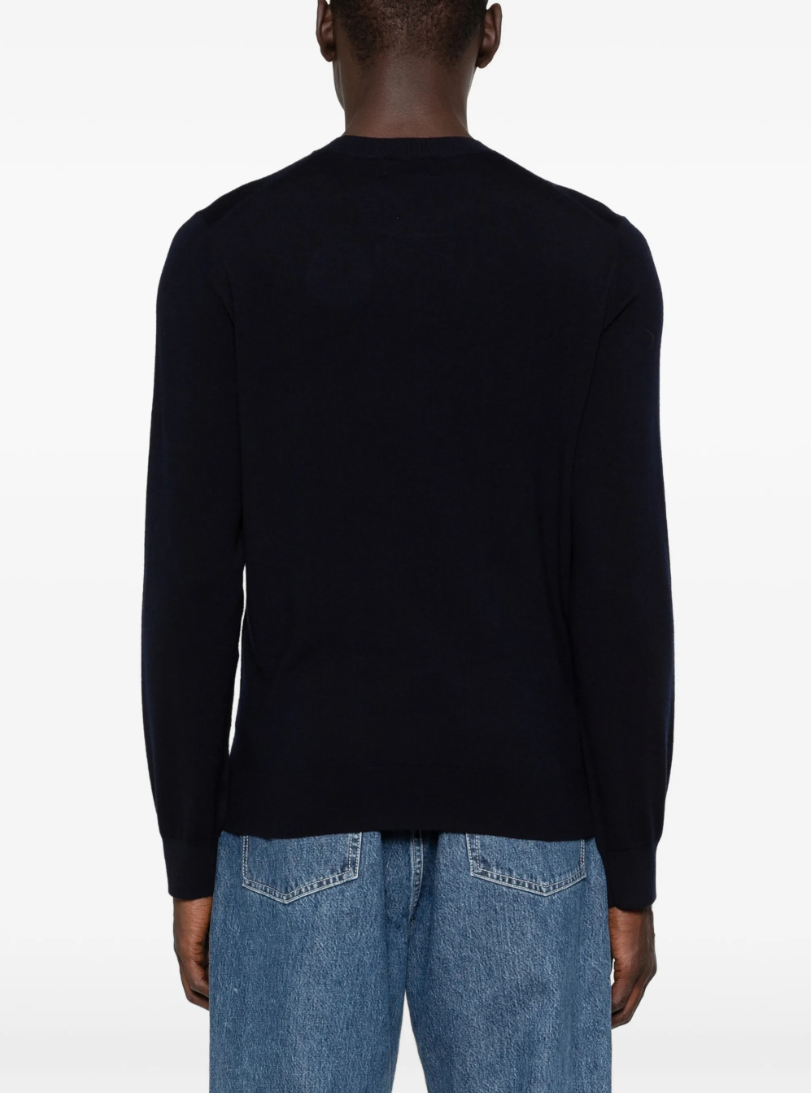 From Future Men’s Cashmere Heart Graphic Sweater in navy blue with “FUTURE” heart embroidery on chest