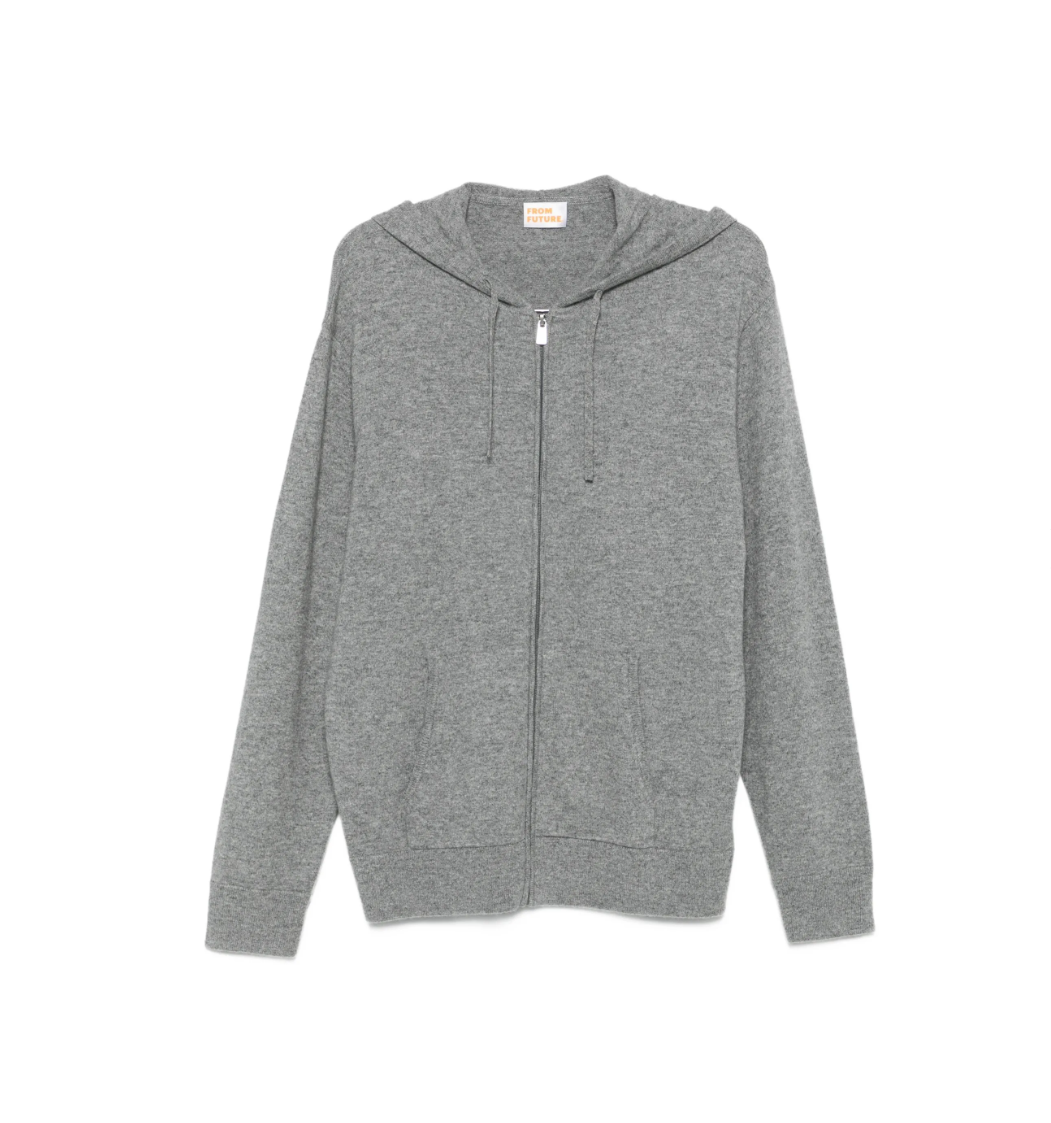FROM FUTURE men's Hooded Cashmere Cardigan in Gris Chiné Foncé, crafted from 100% pure cashmere with a drawstring hood and zip closure.