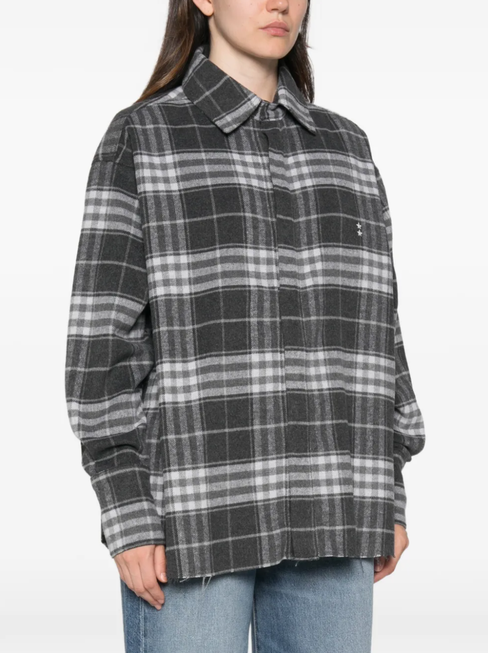 Icon Denim Jazzy check-pattern overshirt with raw-cut finish in black and grey.