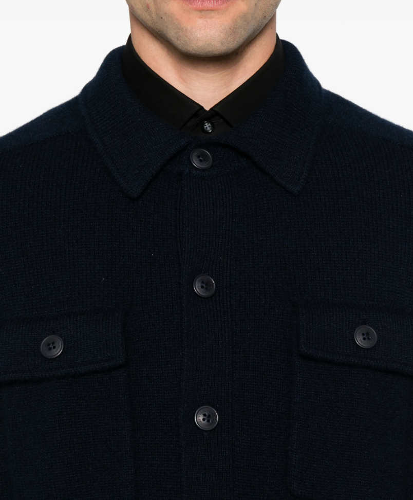 FROM FUTURE men's Cashmere Cardigan in Navy, crafted from 100% pure cashmere with a classic collar, button closure and patch pockets.