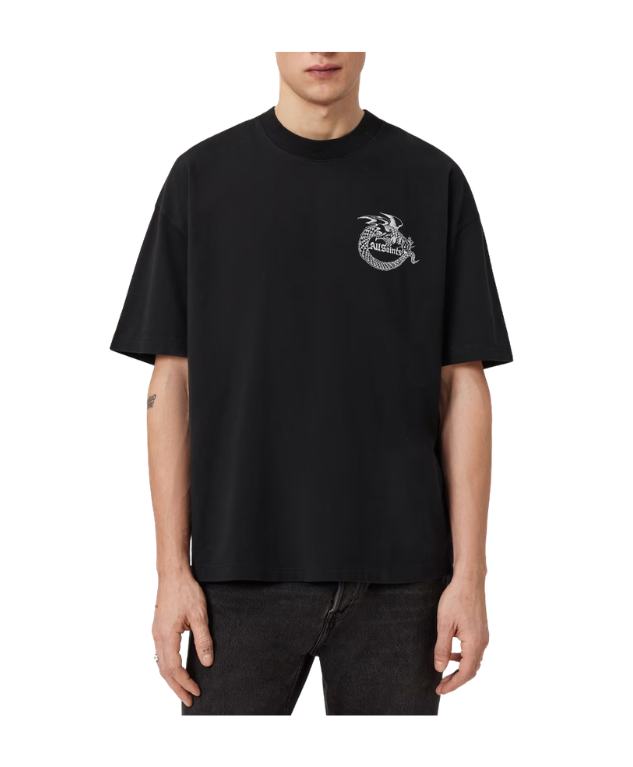 AllSaints TERRA Oversized Graphic T-shirt in jet black with hand-drawn graphic and vintage feel.