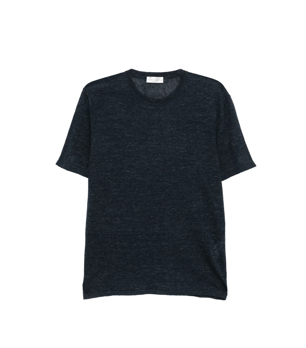 Roberto Collina navy T-shirt in linen-cotton blend with crew neck and short sleeves.