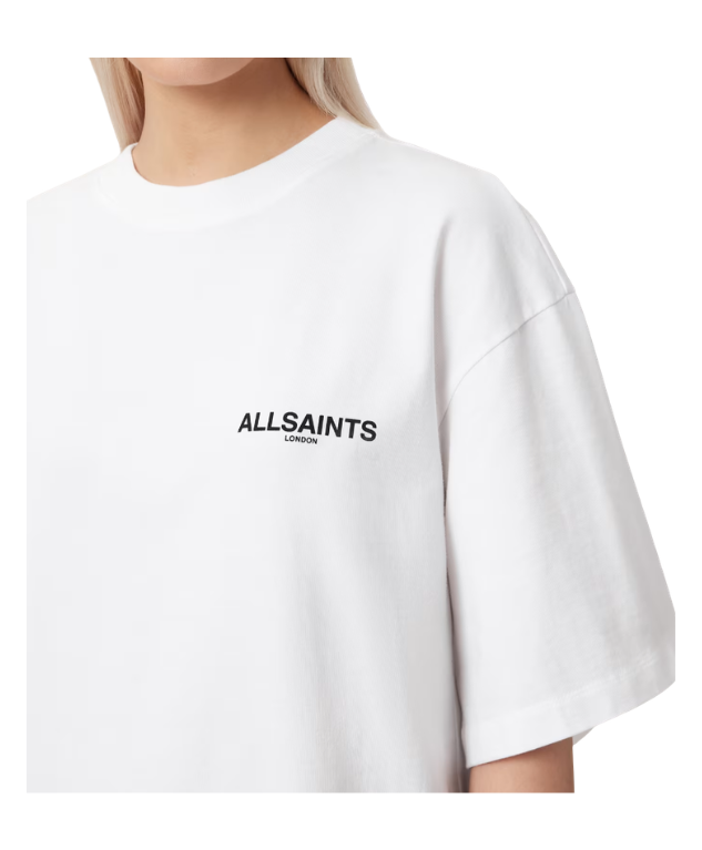 AllSaints SWOOP Amelie oversized T-shirt in optic white with crew neck, high-low hem, and AllSaints London print.