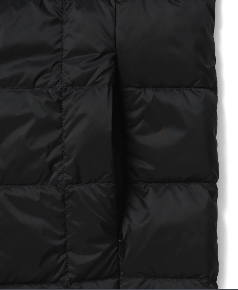 TAION Basic V-Neck Button Down Down Vest in black with snap buttons and lightweight design.