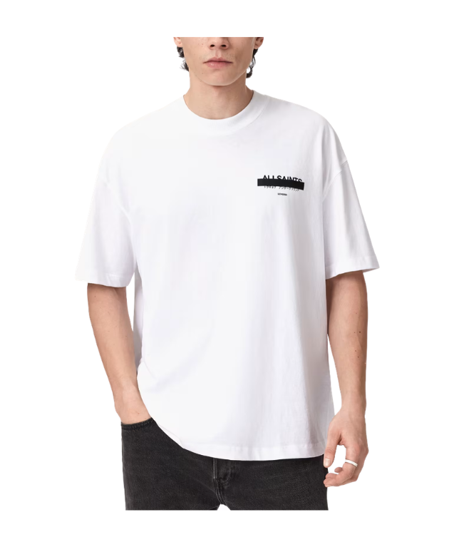 AllSaints REDACT Embroidered Logo T-shirt in ashen white for men with oversized fit, crew neck, short sleeves, and embroidered front and back logo.