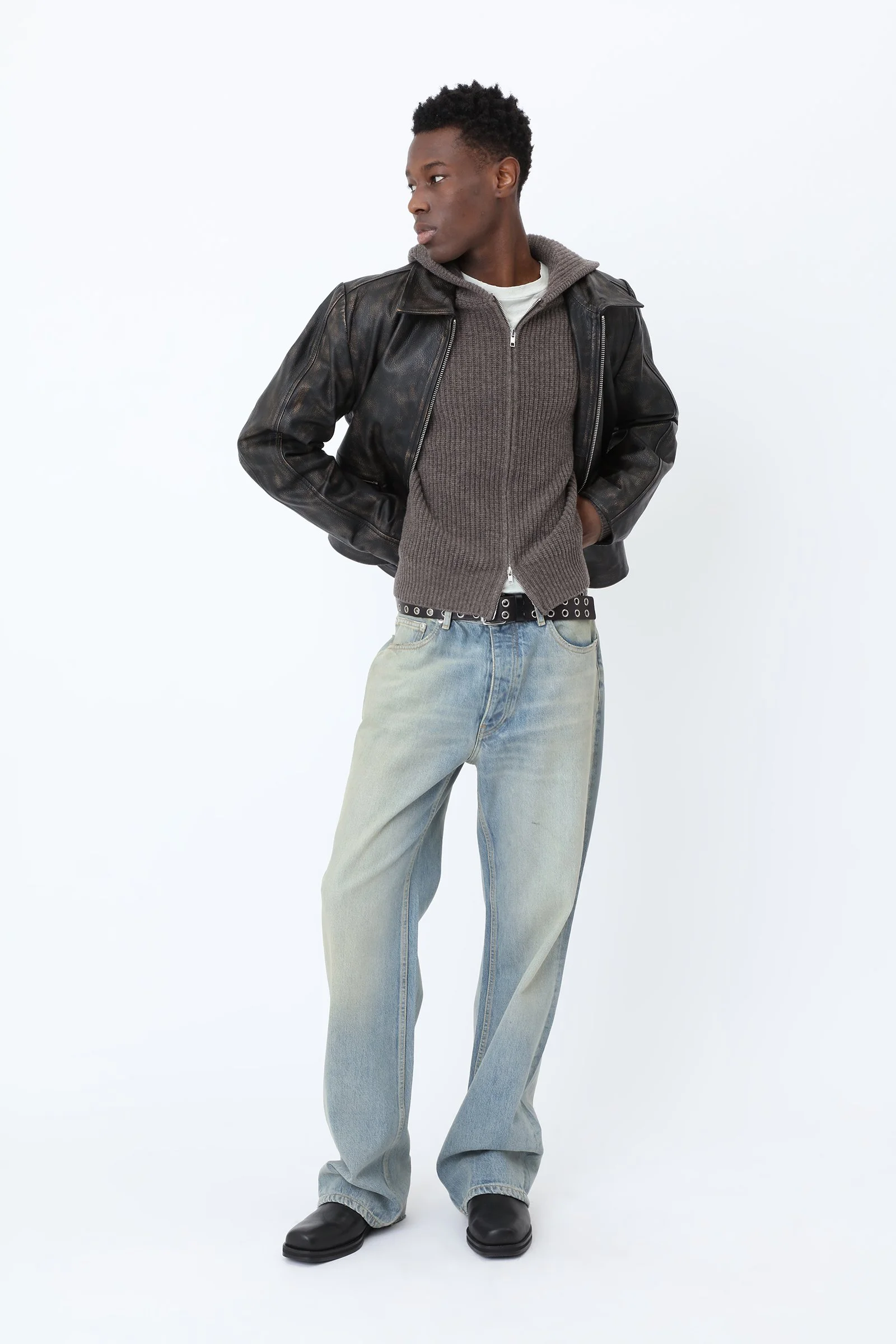 Won Hundred GLASGOW Knit Hood for men in Major Brown, crafted from lambswool and recycled nylon with a textured striped stitch.