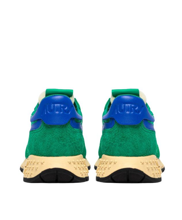Autry Reelwind Low sneakers in Emerald and Dazzling Blue with nylon, suede, and retro running design.