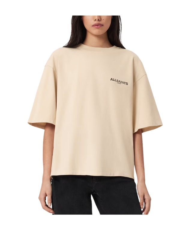 AllSaints HALIS Amelie oversized T-shirt in sandy white with front logo artwork and large Halis back print.