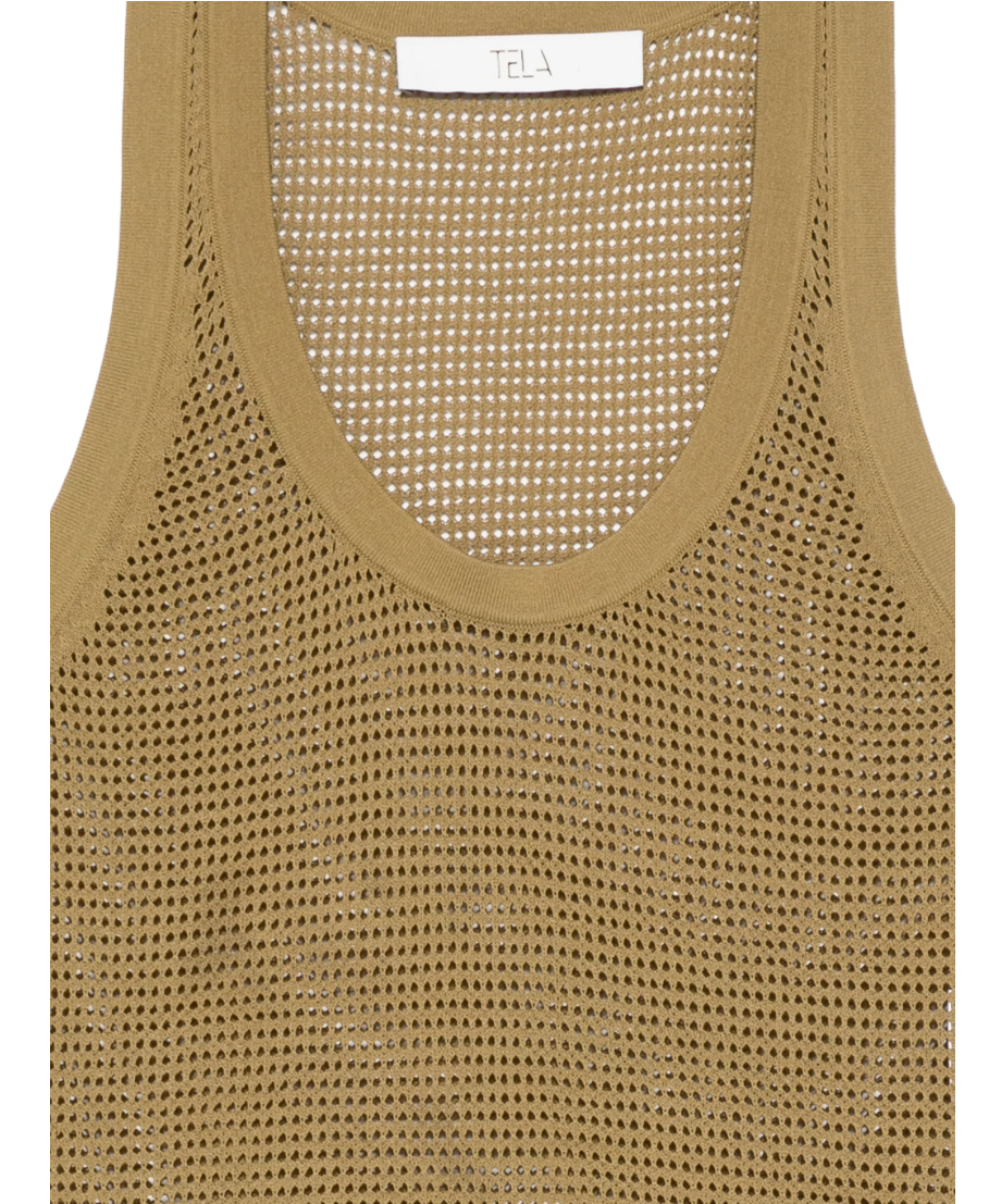 Mustard yellow knitted tank top by Tela, made in Italy with scoop neckline and textured knit design for modern styling.