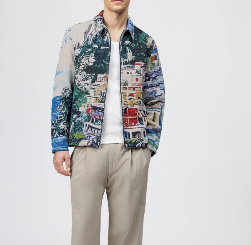 Drykorn JOTTAR jacquard jacket in bluestone with coastal-inspired pattern, regular fit, and zip closure.