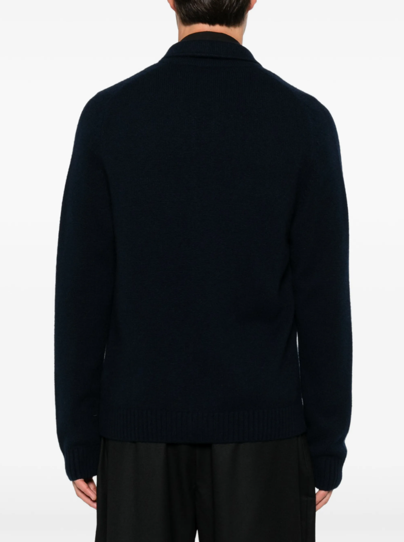FROM FUTURE men's Cashmere Cardigan in Navy, crafted from 100% pure cashmere with a classic collar, button closure and patch pockets.