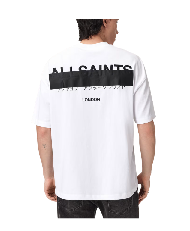 AllSaints REDACT Embroidered Logo T-shirt in ashen white for men with oversized fit, crew neck, short sleeves, and embroidered front and back logo.