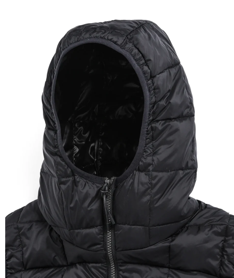 TAION Basic Hood Down Jacket in black with W-zip front and included storage bag.