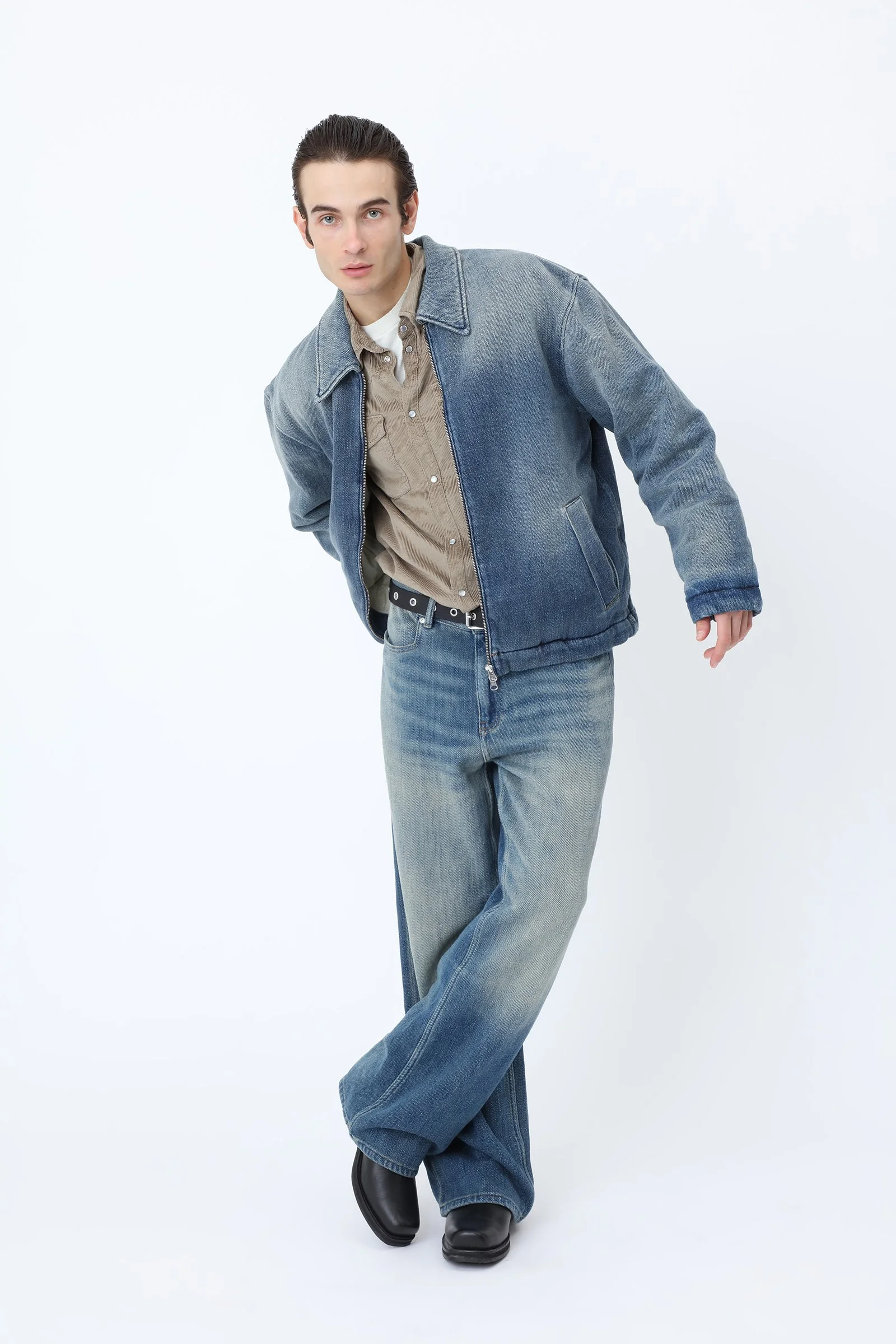 Won Hundred CASE Denim Pants for men in Sticky Blue, crafted from 100% cotton with heavy denim, a fluid drape and vintage-inspired faded details.