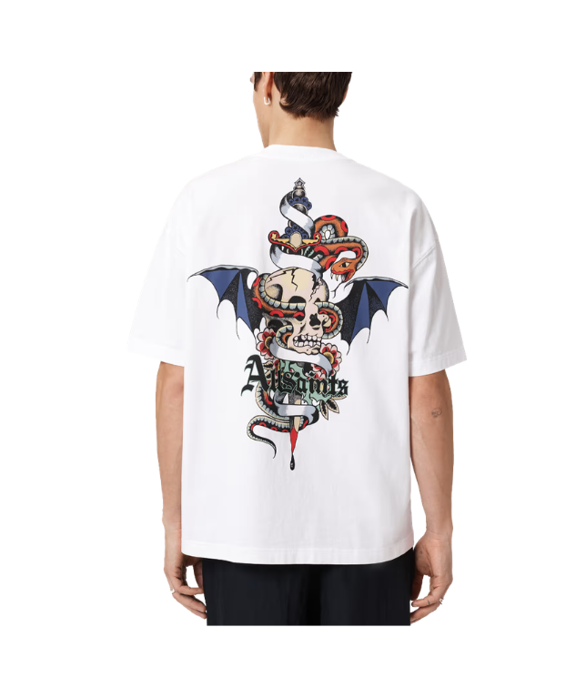 Optic white AllSaints BLADE oversized graphic T-shirt for men with crew neck, short sleeves, and tattoo-inspired print.