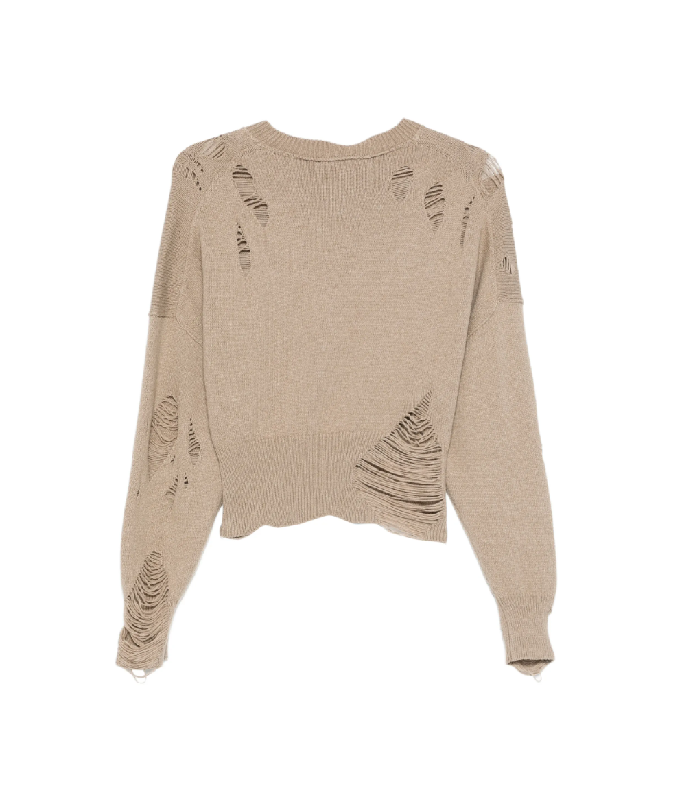 Haikure distressed knit sweater in taupe with fringe details, ribbed trims, and crew neck.