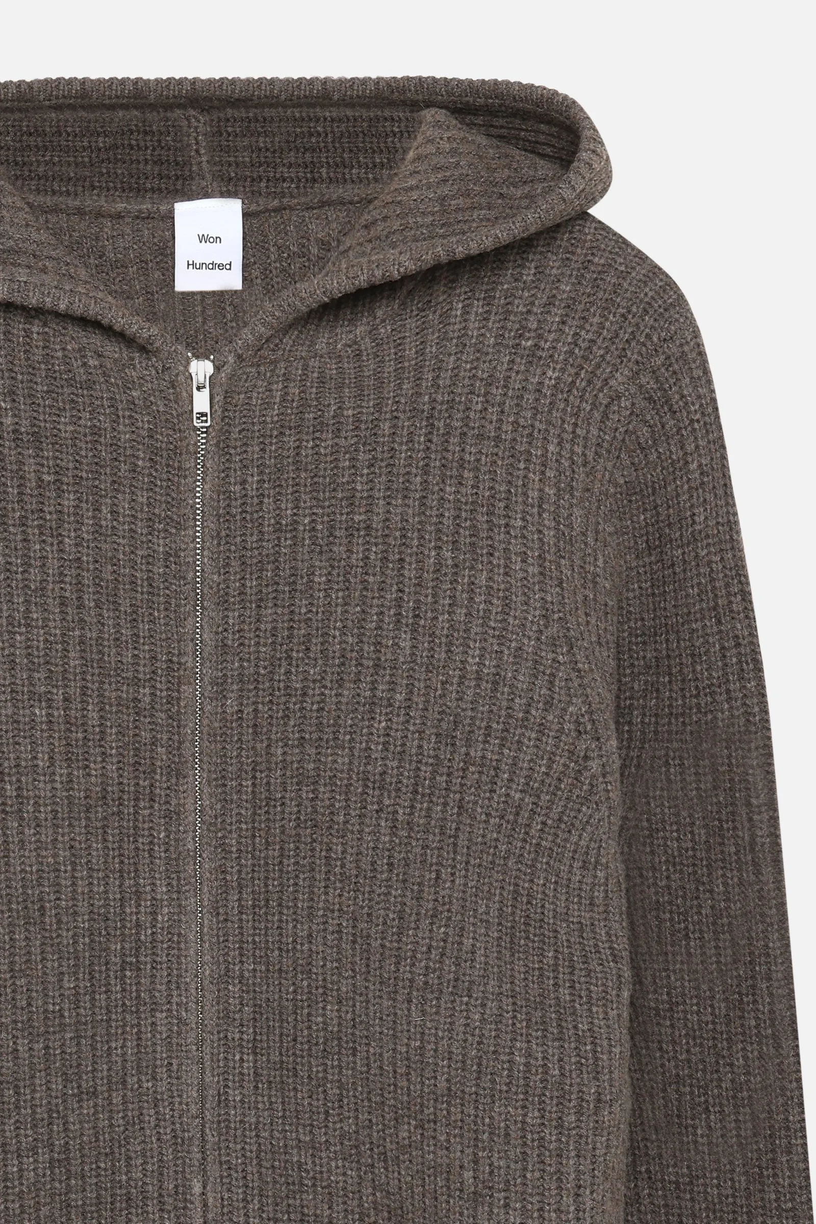 Won Hundred GLASGOW Knit Hood for men in Major Brown, crafted from lambswool and recycled nylon with a textured striped stitch.