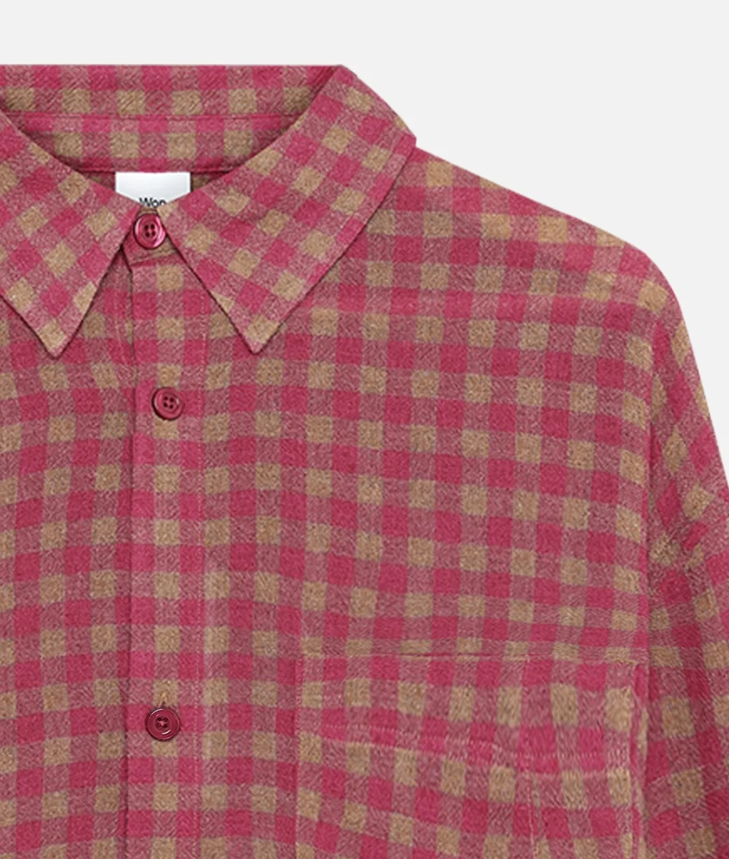 Won Hundred Mason Check Shirt for men in Granita Pink with a lightweight wool blend and magenta check.