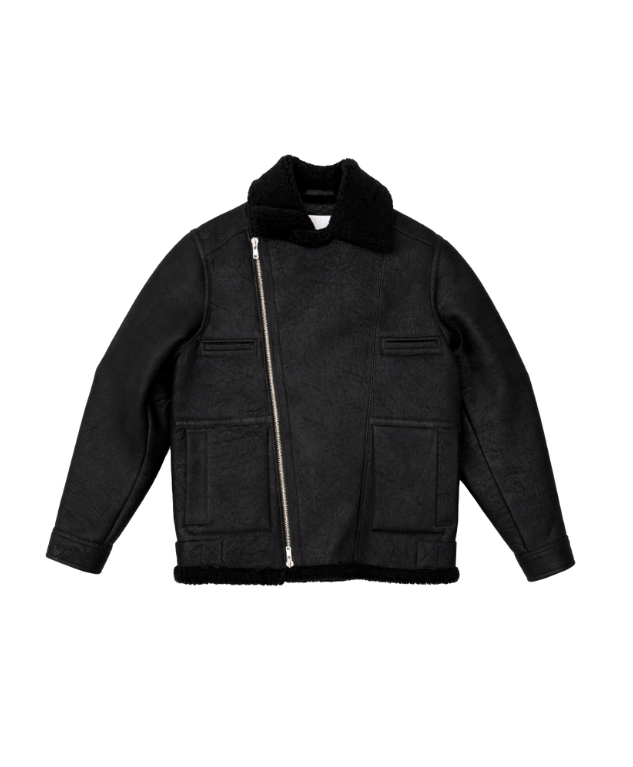 Won Hundred REMIS Shearling Jacket for men in Black, crafted from 100% lamb shearling with an oversized fit and asymmetric zip.
