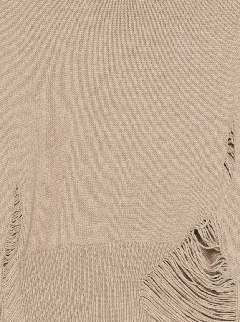 Haikure distressed knit sweater in taupe with fringe details, ribbed trims, and crew neck.