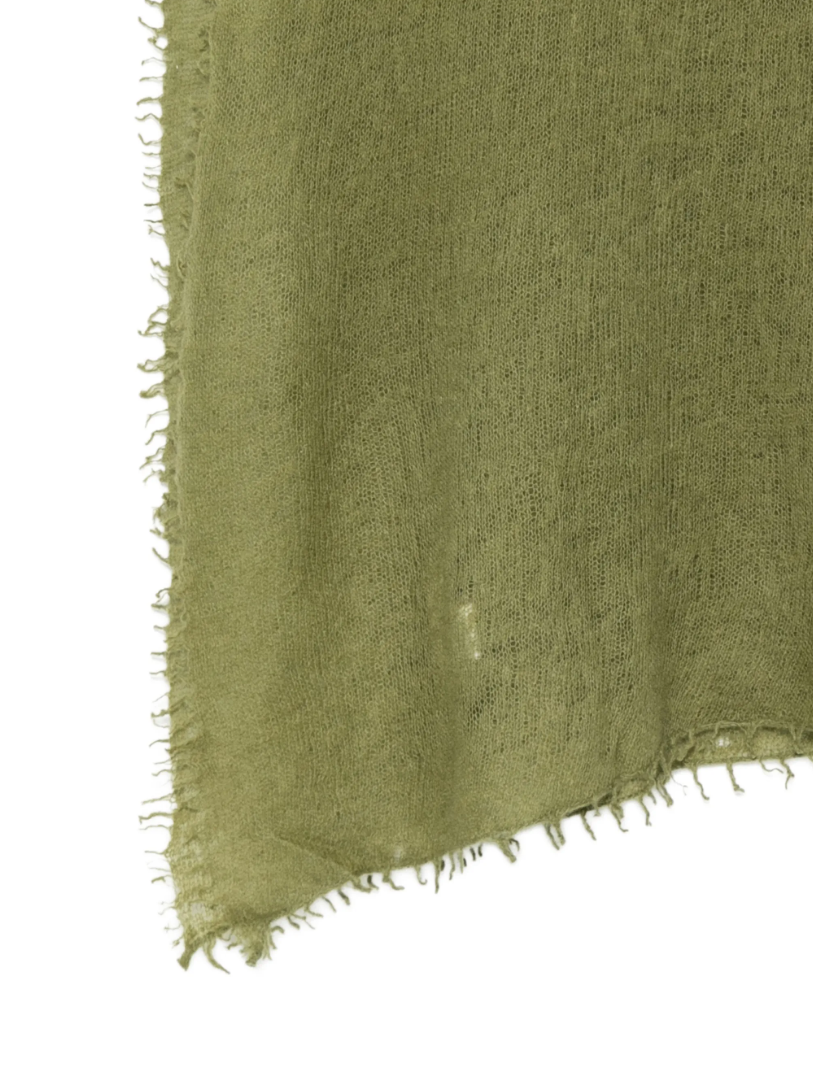 WARM-ME Small NOMAD Scarf in Avocado, crafted from 100% pure cashmere with a lightweight, semi-sheer fine knit and delicate fringed edges.