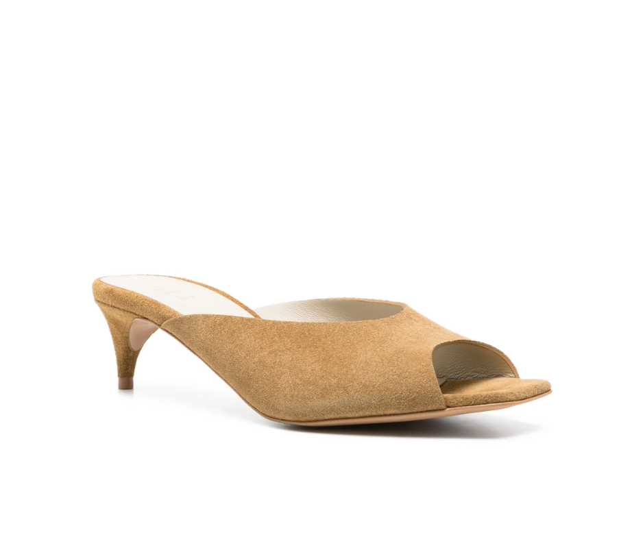 Mustard square-toe slippers by Tela in suede, made in Italy with peep-toe design and curved heel for chic modern style.