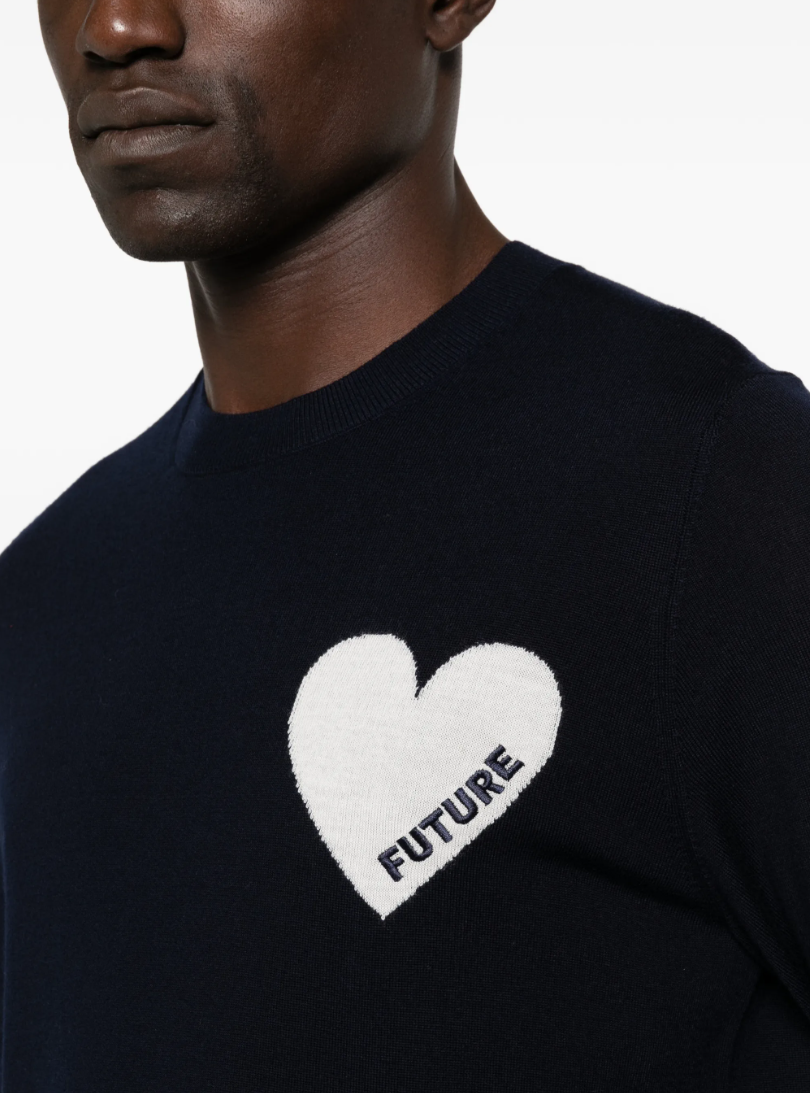 From Future Men’s Cashmere Heart Graphic Sweater in navy blue with “FUTURE” heart embroidery on chest
