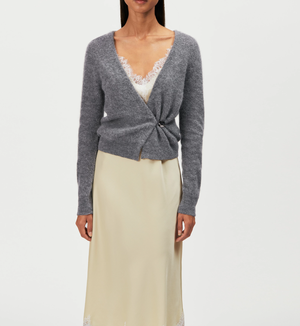 Drykorn LOBAIA Wrap Knit for women in Rainy Day Grey with an asymmetric wrap design, deep V-neck and soft alpaca blend.