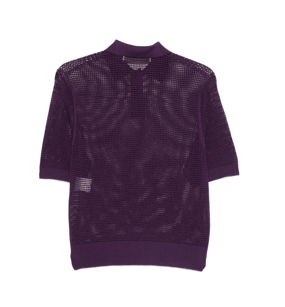Lilac open-knit polo shirt by Tela, made in Italy with short sleeves, ribbed hem, and button placket for a refined modern look.