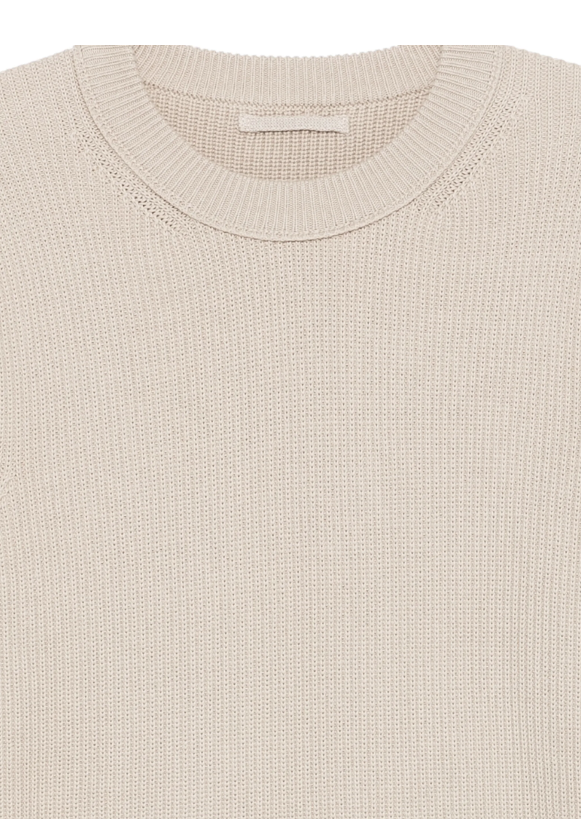 Ten C cotton knit sweater in pale taupe with ribbed texture and OJJ fabric sleeve details.