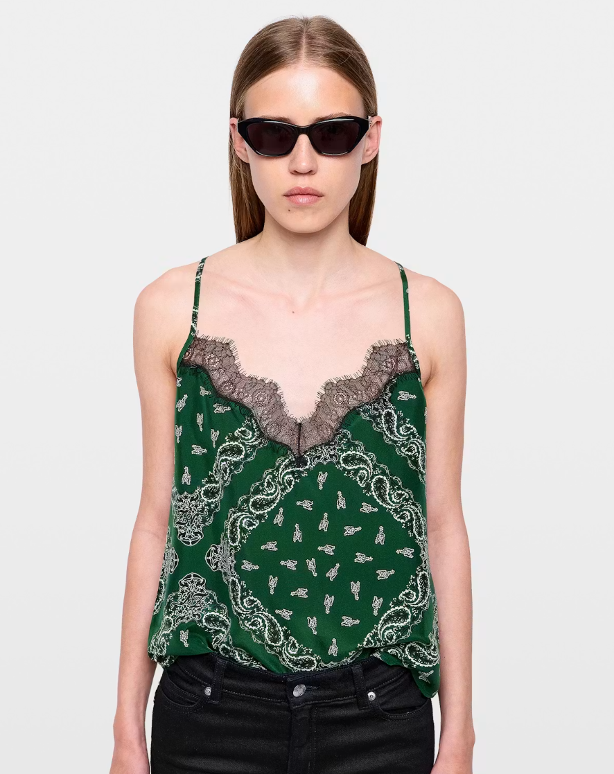 Zadig&Voltaire Cespa silk cami in Meadow with bandana print, lace neckline, and adjustable straps.