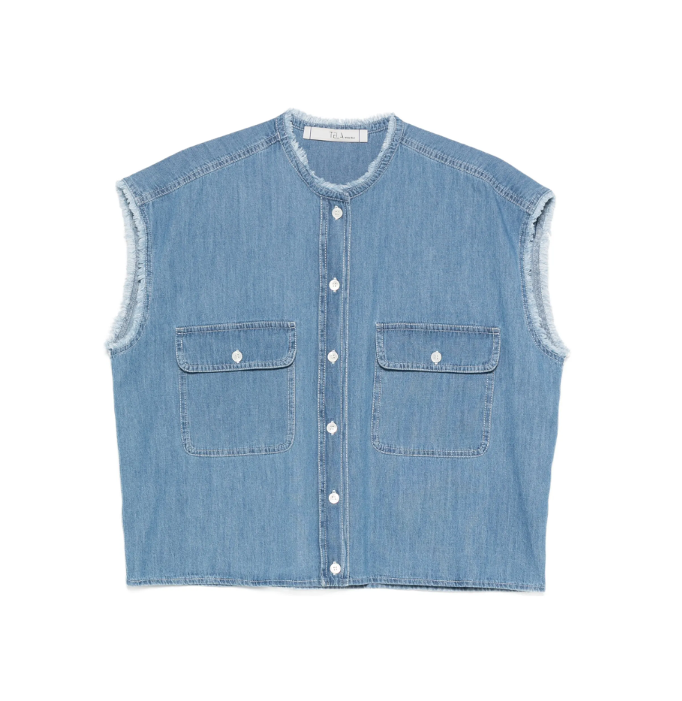 Blue sleeveless denim shirt by Tela, made in Italy with flap pockets and frayed details for a modern, edgy look.