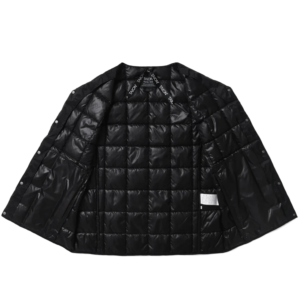 TAION Basic V-Neck Button Down Down Vest in black with snap buttons and lightweight design.