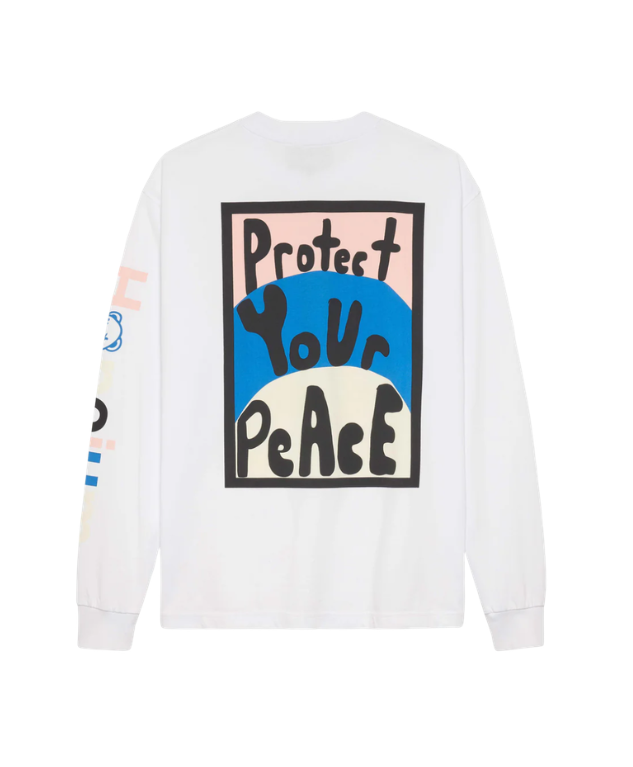 HOPEIUM “PROTECT YOUR PEACE” longsleeve T-shirt in white with sleeve logo and back print.