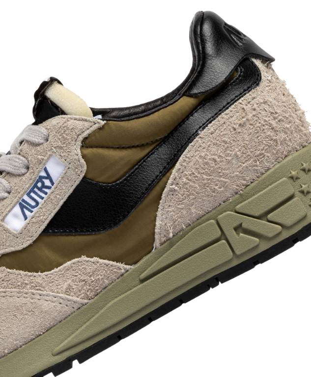 Autry Reelwind Low sneakers for men in Spiaggia, Black & Dried Herb with nylon, suede, and running sole.