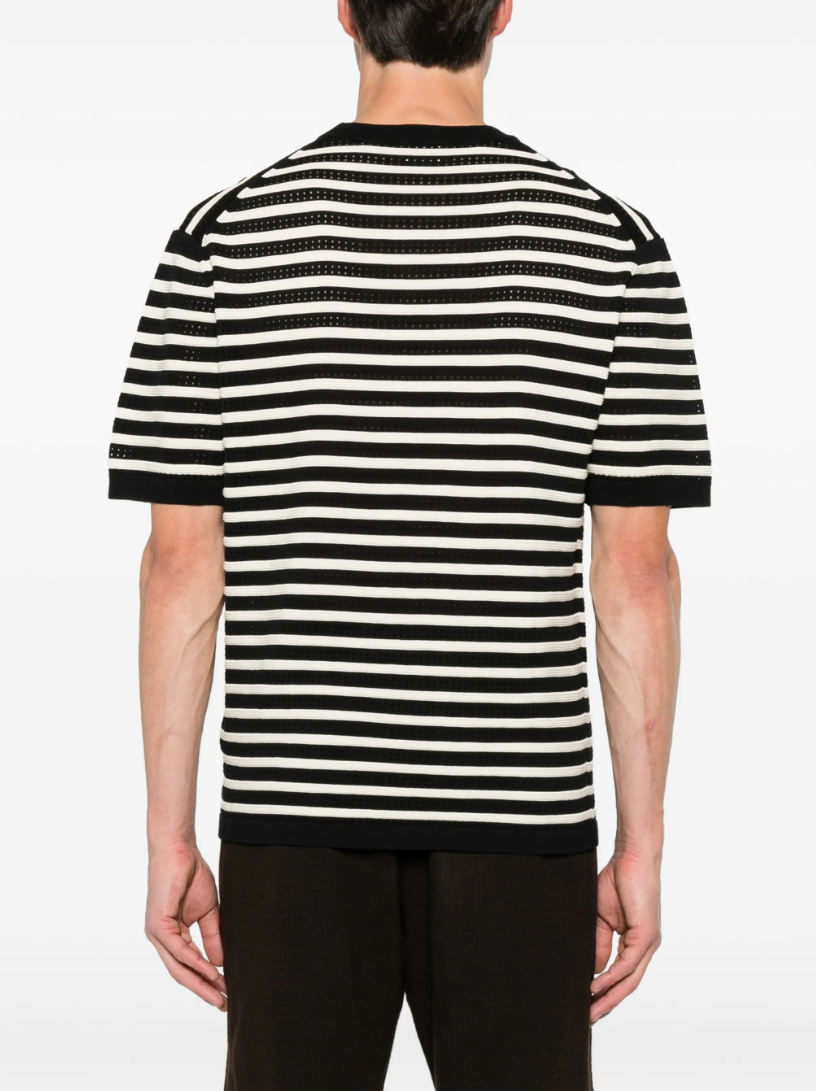 Drykorn DERICO knit T-shirt in black with open-knit texture, subtle stripes, and a regular fit.
