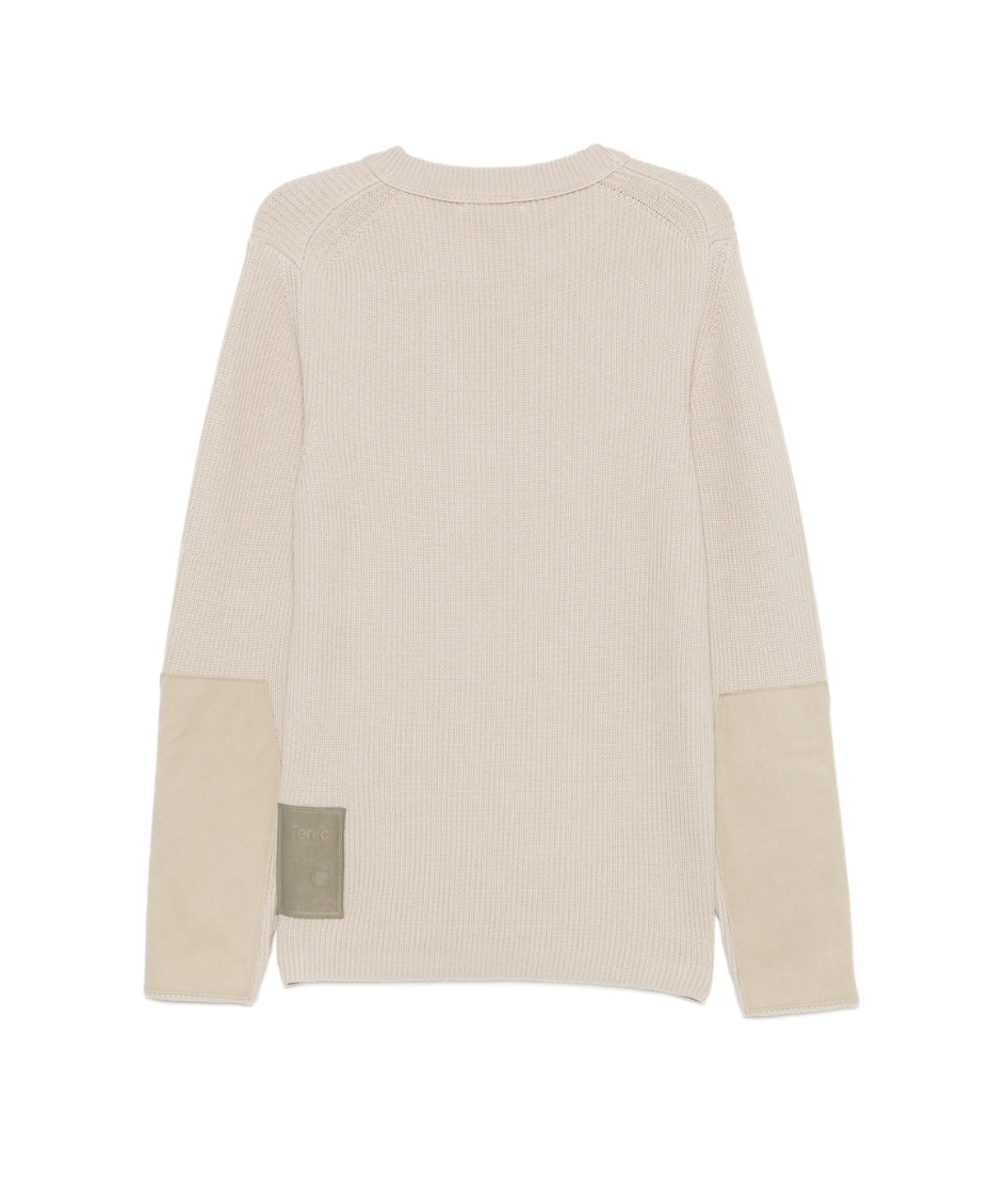 Ten C cotton knit sweater in pale taupe with ribbed texture and OJJ fabric sleeve details.