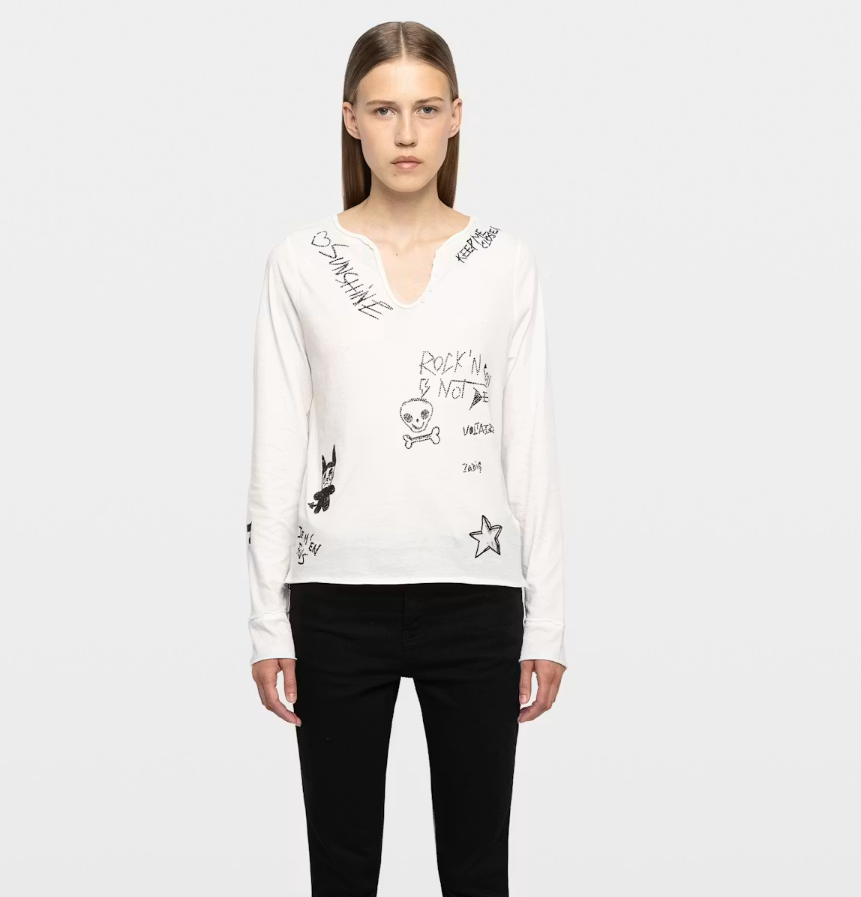 Zadig&Voltaire Happy Henley shirt for women in Judo with graphic prints, crystal embellishments, and cotton.