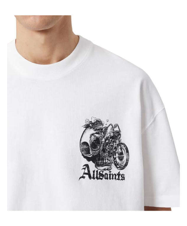 AllSaints PANHEAD Oversized Graphic T-shirt in optic white for men with crew neck, short sleeves, and bold graphic print.