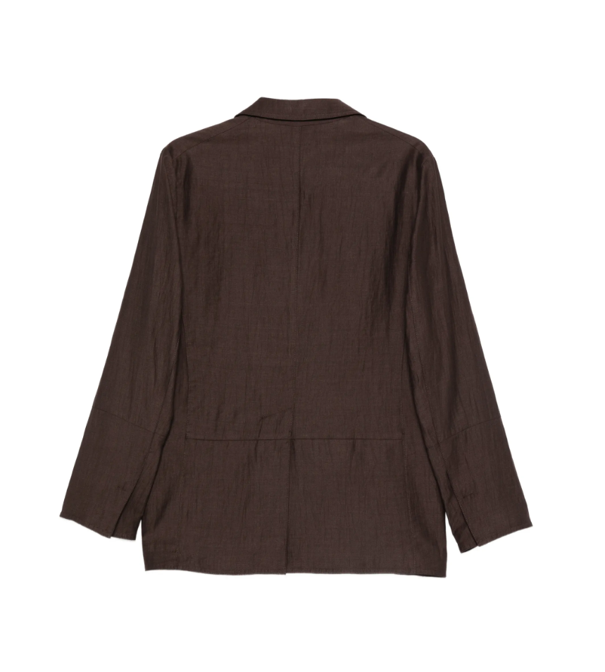 Brown single-breasted blazer by Tela, made in Italy with textured finish, classic lapel and refined tailoring for versatile styling.