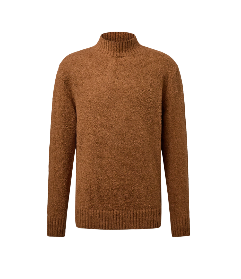 Drykorn men's brown bouclé knit sweater with turtleneck and regular fit.