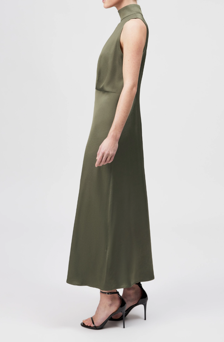 Dusty olive AMABEL sleeveless maxi dress by Drykorn in eco-friendly satin with stand collar, waist pleats, and flared skirt for elegant style.