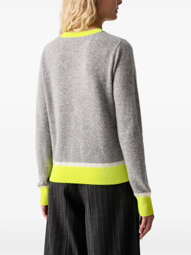 FROM FUTURE Colour-Block Cashmere Sweater in Dark Earth Grey and Neon Yellow, crafted from lightweight GCS®-certified cashmere.