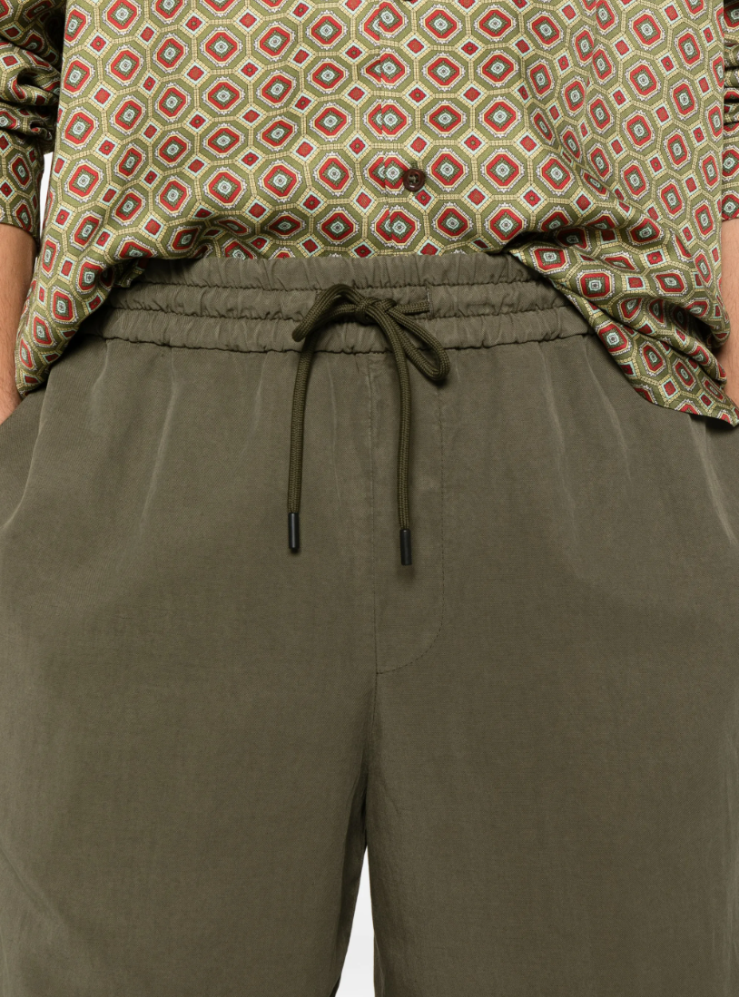 Dondup bermuda shorts in olive green with drawstring waist, elastic waistband, and clean tailored look.